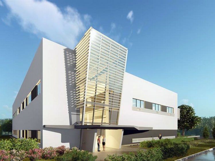 A groundbreaking project.  Visualisation: building in modern architecture with two floors and a glass tower surrounded by green areas; a car on the street on the right