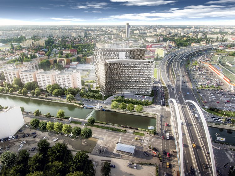 Shaping the skyline. Rendering: ultra-modern designed office building located next to a river and overtowering the city of Bucharest