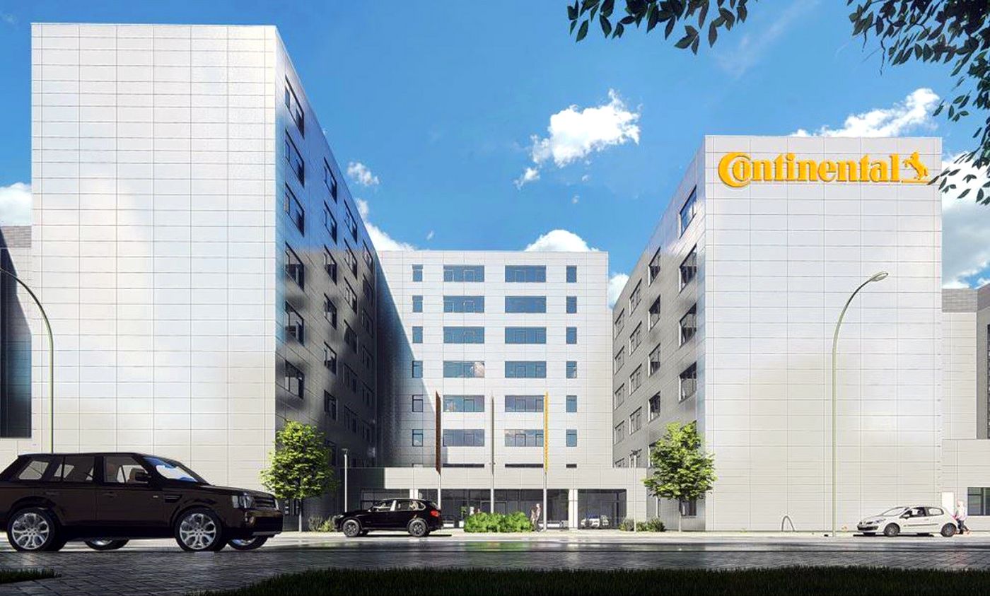 Rendering: multi-storey office building of the car tyre manufacturer Continental; view from the street side; covered entrance area with three flagpoles; on the right side of the building logo lettering in yellow; in the foreground street with one moving and two parked cars; in the background blue sky with scattered clouds